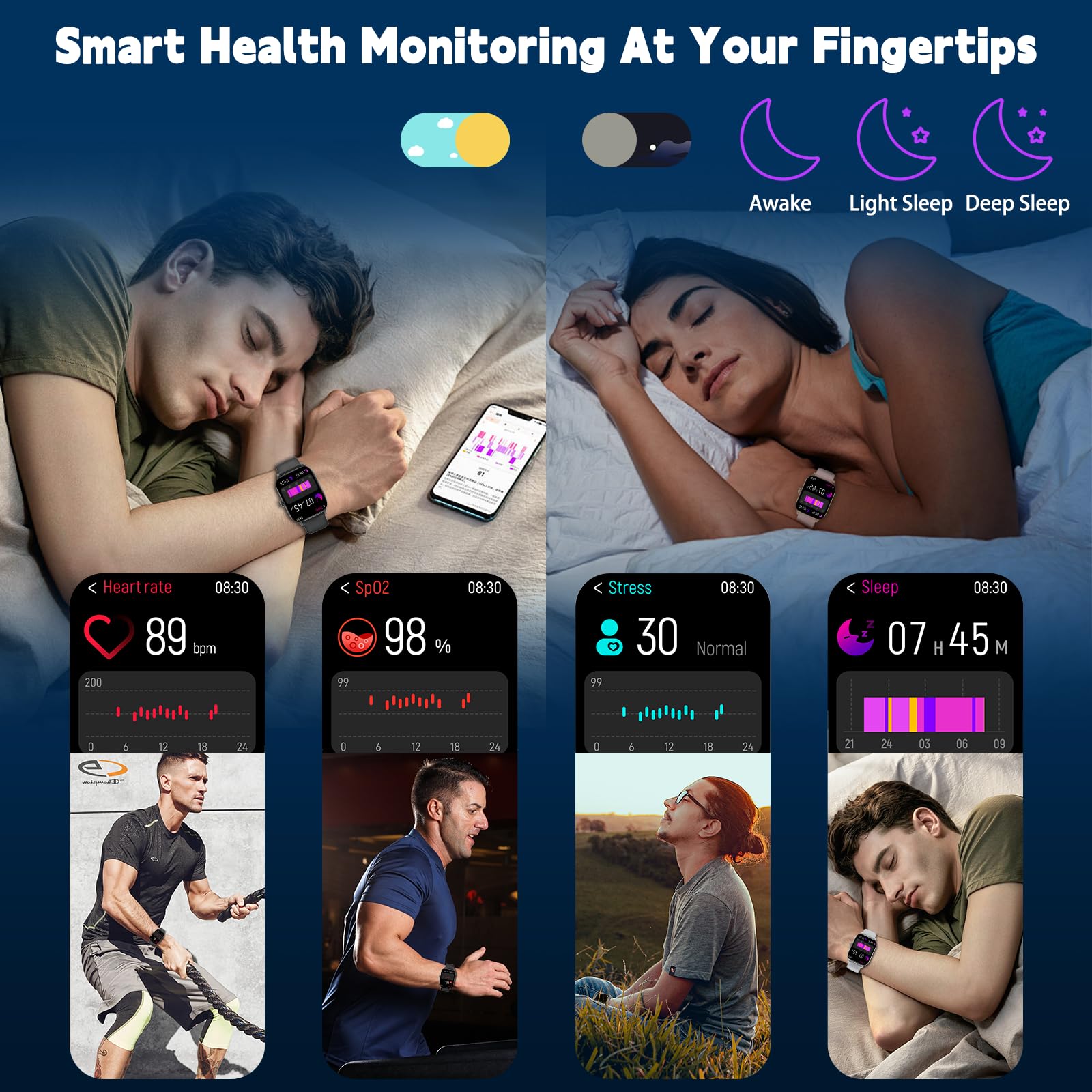 Smart Watch For Men Women(Answer/Make Call), Smartwatches With Heart Rate/Spo2/Sleep/Stress Monitor, Ip68 Waterproof, 100+ Sport